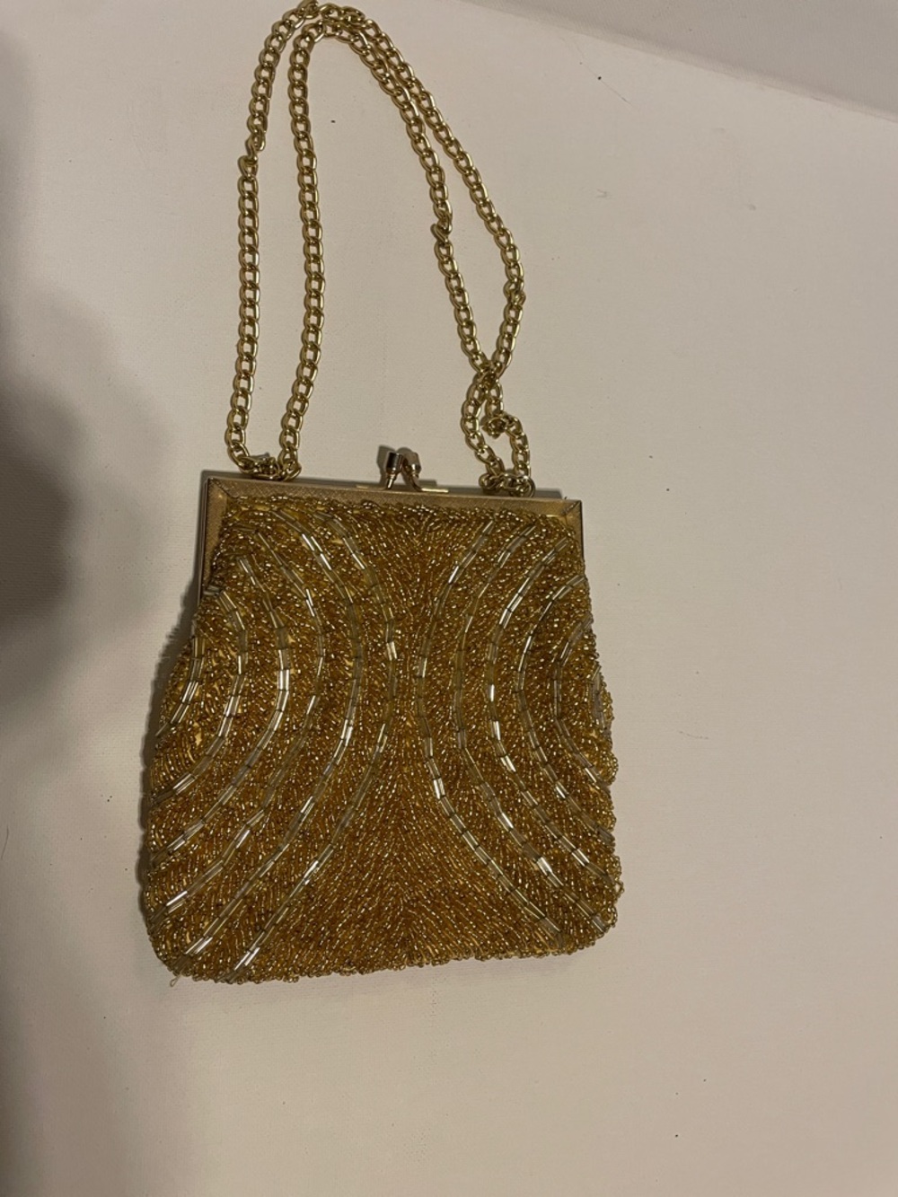 Gold Beaded Evening Clutch with Chain Strap